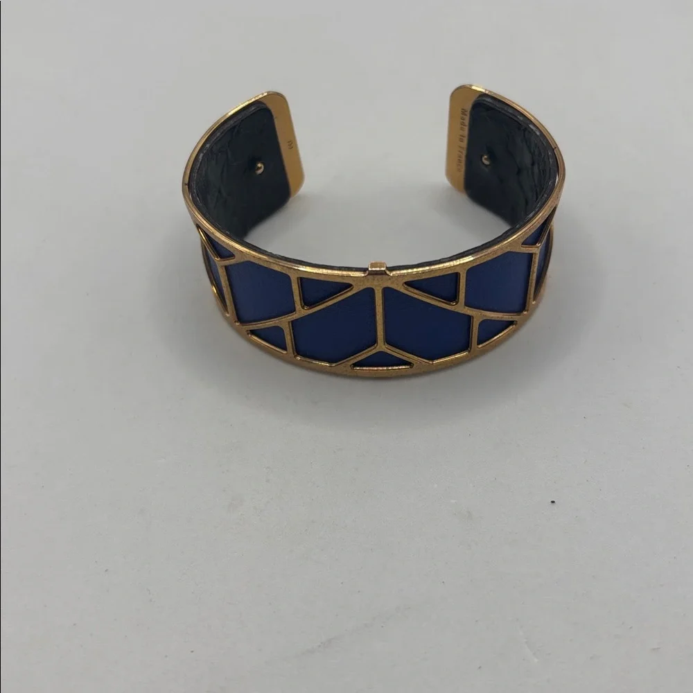 Les Georgettes Solaire gold-finish cuff bracelet Capri blue leather insert Euro - Picture 2 of 8